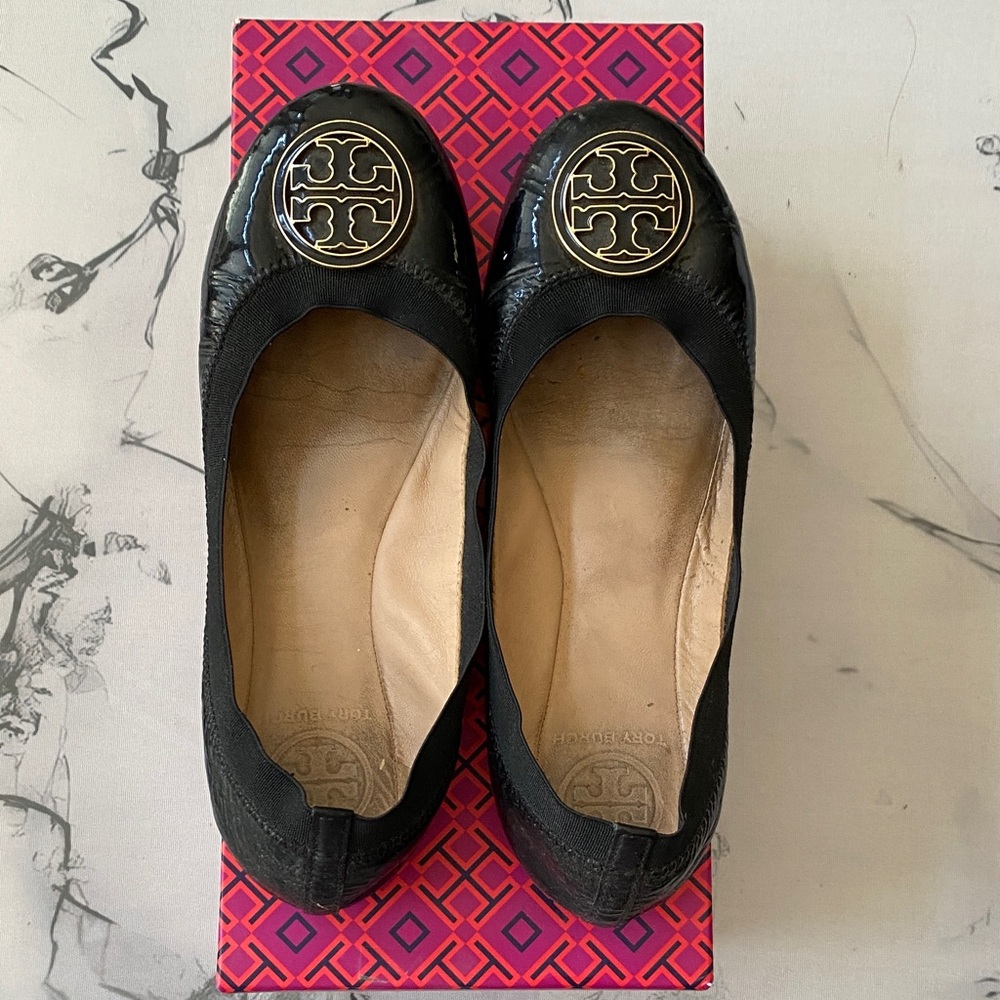 Tory Burch Black Flats with Gold Logo